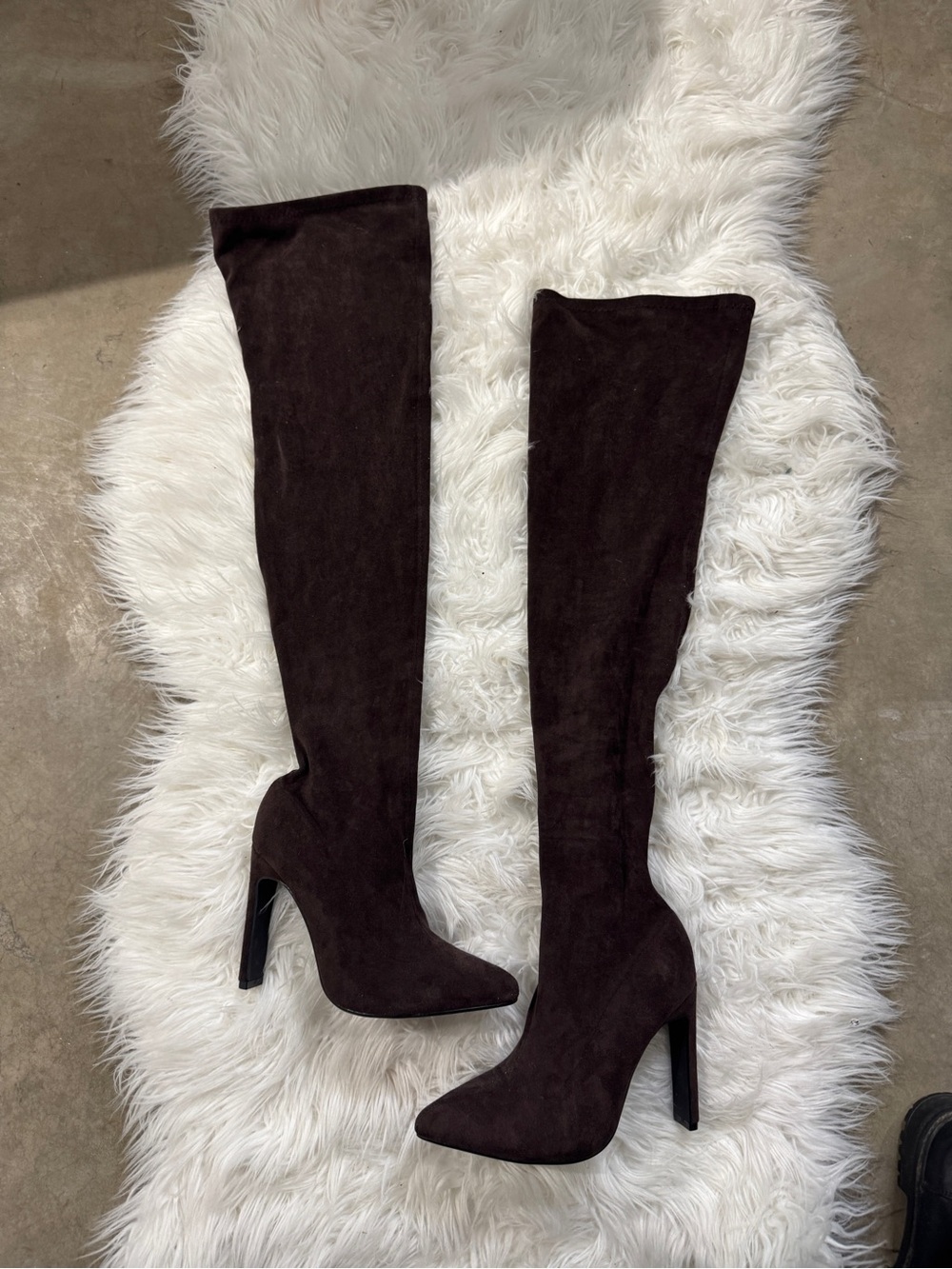 Fashion Nova Dark Brown Suede Over-the-Knee Pointed Toe Heeled Boots